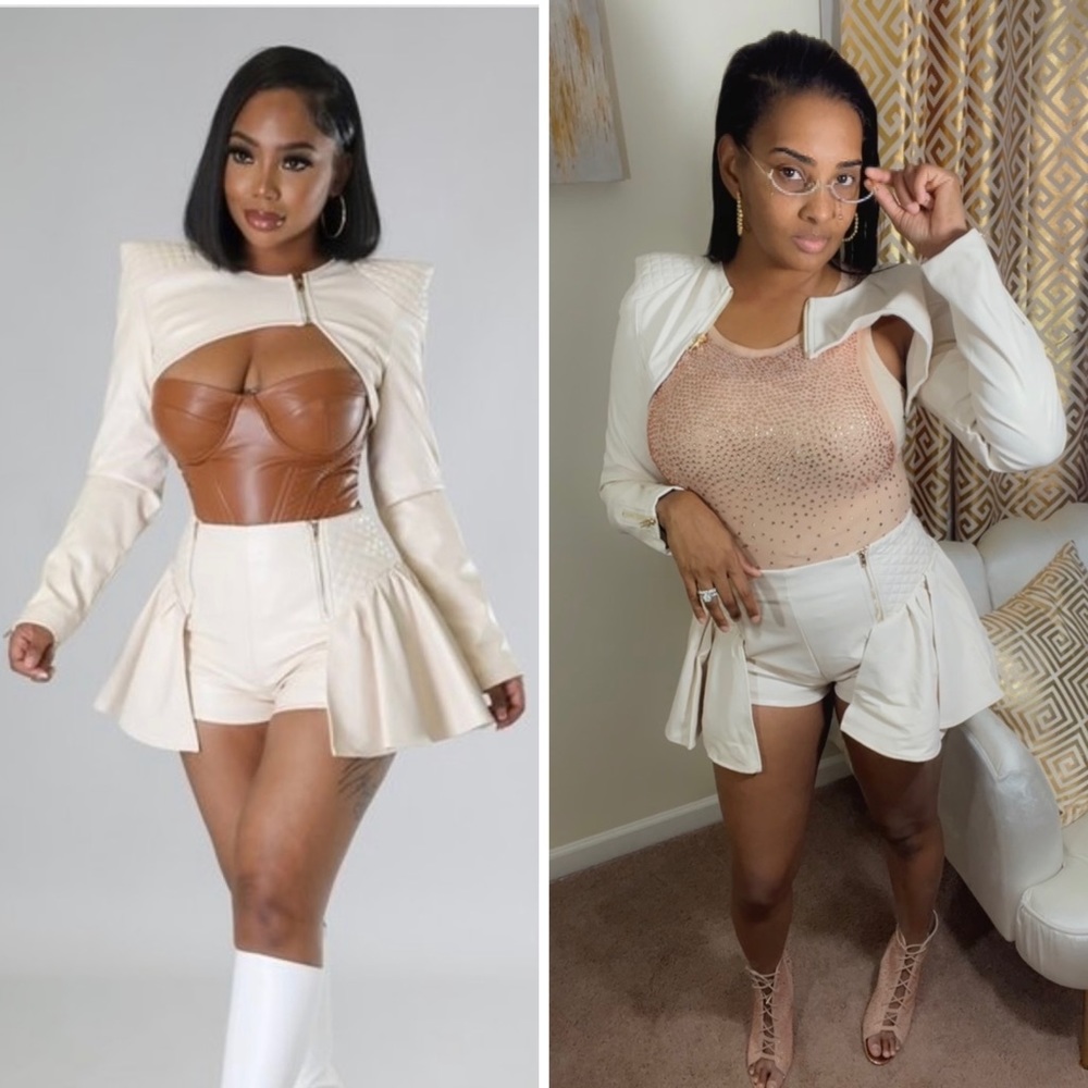 Faux Leather Two Piece Crop Jacket Short Set